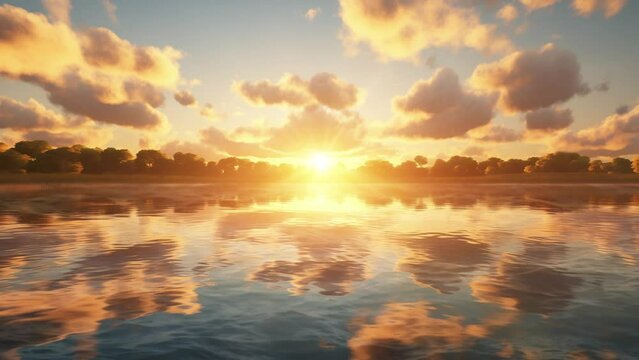 A Beautiful Sunset Scene with Golden sun. Golden Reflections . seamless looping overlay 4k virtual video animation background 