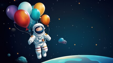 Children's cartoon astronaut themed birthday greeting card illustration design. Copy space text template.