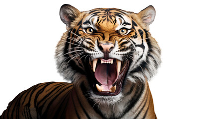 Fototapeta premium Portrait of a tiger with angry face and open the mouth, isolated on transparent background
