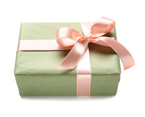 Green gift box with pink bow on white background. International Women's Day