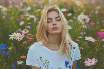 Obraz na płótnie Canvas Fashion model woman with closed eyes and white t-shirt, surrounded by colorful flowers in a sping meadow 