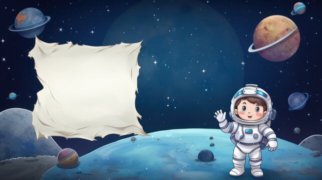 Astronaut cartoon illustration, greeting card template text copy space design. Childern theme.