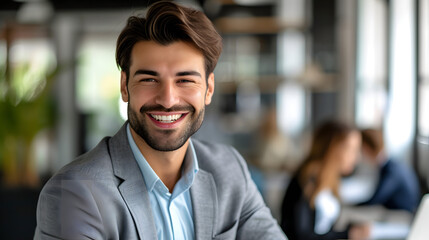 Smiling Man Sitting at Table With Laptop Computer