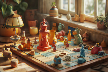 Dice and pieces are surrounded by elements of luck and relaxation.Wooden chess pieces strategically placed on a game board, creating a strategic and competitive atmosphere - obrazy, fototapety, plakaty