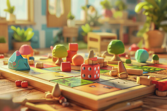 Dice and pieces are surrounded by elements of luck and relaxation.Wooden chess pieces strategically placed on a game board, creating a strategic and competitive atmosphere