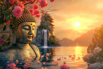 glowing golden buddha with 3d paper cut flowers and landscape background - obrazy, fototapety, plakaty