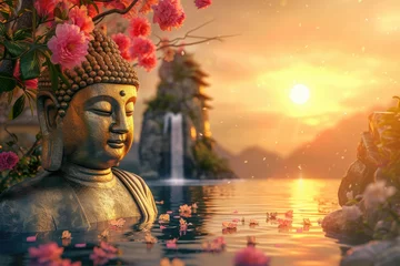 Foto op Canvas glowing golden buddha with 3d paper cut flowers and landscape background © Kien