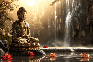 glowing golden buddha with 3d paper cut flowers and landscape background with waterfall and the sun