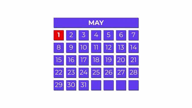 1st May calendar icon animation. Alpha matte with transparent background 4K resolution.