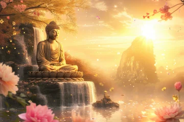 Tuinposter glowing golden buddha with 3d paper cut flowers and landscape background with waterfall and the sun © Kien