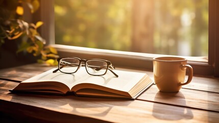 A Light colored books on a wooden table with a cup of coffee. reading glasses and a notebook and pen. Soft sunlight streams through the window. This creates a warm glow in the scene. - obrazy, fototapety, plakaty
