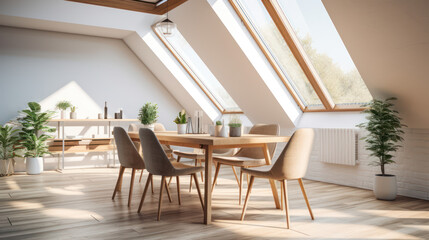 A Minimalist interior design of a modern Dining table and chairs in a clear loft with wooden beams in the dining room, a room with morning sunlight streaming through the window.