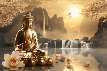 glowing golden buddha with 3d paper cut flowers and landscape background with waterfall and the sun