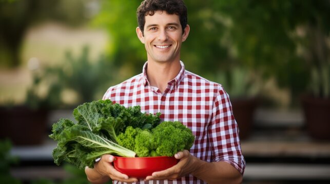 Portrait of a farmer holding fresh kale for the camera, standing and looking at the camera, on empty space on a white transparent background, isolated.