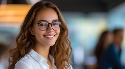 Smiling Woman Wearing Glasses Looking Directly at the Camera.