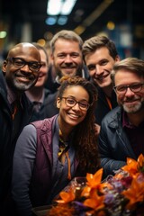Obraz premium Diverse team celebrating a colleague's birthday with a cake and smiles during a break in the office, Generative AI
