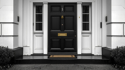 White House - entryway - front door - porch - black and white photograph - meticulous symmetry  - obrazy, fototapety, plakaty