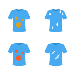 A set of t-shirt vector illustrations. T-shirts are stained, sauce-stained, water-stained, and torn.