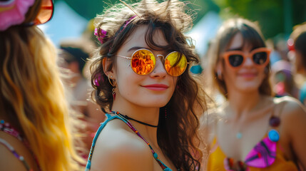 Group of Women Wearing Sunglasses at Music Festival