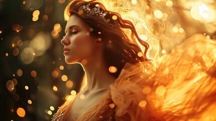 A woman wearing a gauzy, flowing dress in shades of gold and peach, her hair adorned with jeweled hairpins and her skin highlighted with a soft, golden glow from the sparks. - obrazy, fototapety, plakaty