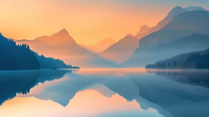 Fototapeta na wymiar Image of a vibrant sunset over a serene lake, with colorful reflections shimmering on the water