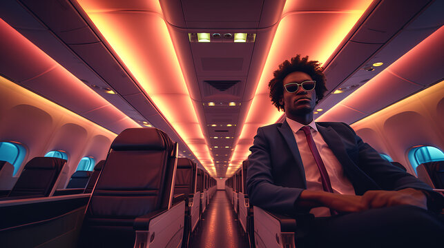Airline flight - business travel - neon lights - disco feel - trippy and psychedelic vibe 