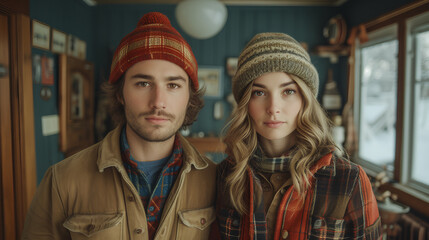 Couple on vacation in mountain cabin - winter - holiday - escape - trip - travel - winter fashion - stylish look 