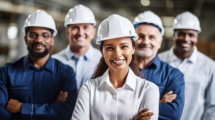A Confident team of engineers, wearing hard plastic helmets, arms crossed, looking up, white isolated background. - obrazy, fototapety, plakaty