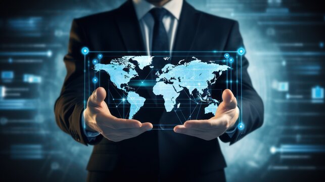 A businessman holds up a world map infographic board with communication icons, photos, on a blue background. Touch screen technology. Touch screen technology.