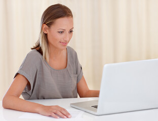 Happy woman, laptop and documents in budget planning, insurance or finance on table at home. Female person smile with paperwork or invoice for bills, expenses or financial investment on computer