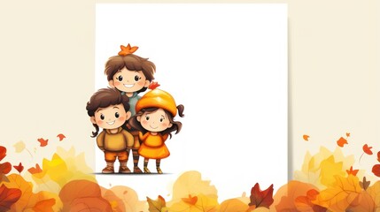 Greeting card template with autumn theme, children's illustrations, with copy space for text.	
