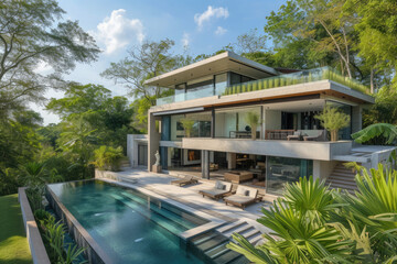high view Modern villa with an open floor plan and a separate wing for the bedrooms is a design home. Large patio with pool and seclusion from the home - obrazy, fototapety, plakaty