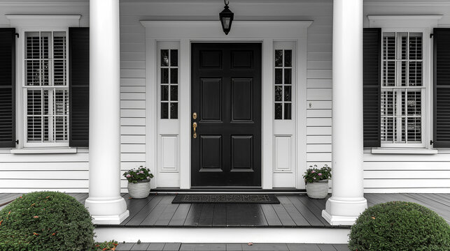 White House - entryway - front door - porch - black and white photograph - meticulous symmetry 