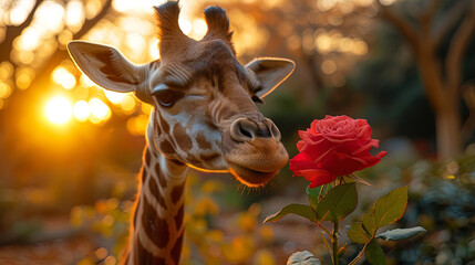 Anthropomorphic portrait of a giraffe holding a rose in an elongated n
