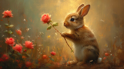 Anthropomorphic portrait of a rabbit with a rose in paw - obrazy, fototapety, plakaty