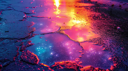 Asphalt in the style of holography overflow of colors and shades that give asphalt a holographic and unusual appeara
