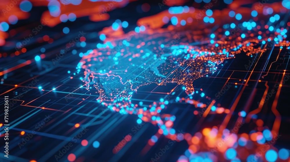 Poster a neon infographic map that illuminates to show geographical data and patterns
