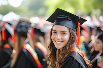 A photo of a young female graduate in cap and gown, beaming with pride, foreground focus