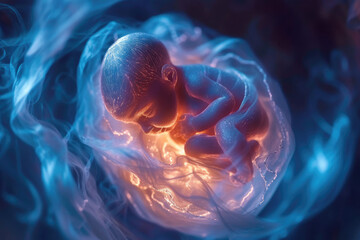 Little human baby inside mother womb. Small embryo in uterus - obrazy, fototapety, plakaty