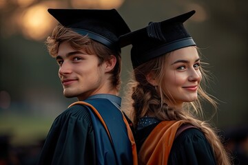 Graduates standing back-to-back, caps on their heads, looking towards a university building, 