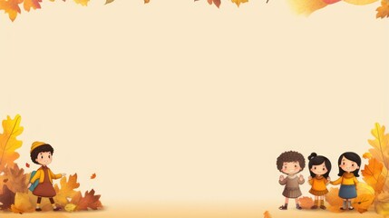 Fototapeta premium Greeting card template with autumn theme, children's illustrations, with copy space for text. 