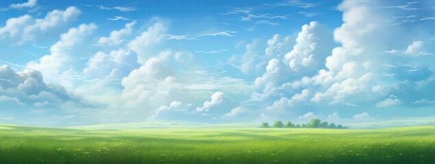 Beautiful landscape with blue sky illustration, Anime style Blue sky with clouds landscape background, Heavens with bright weather, summer season outdoor