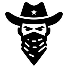 Cowboy Bandit head vector icon, clipart, silhouette, black color, white background