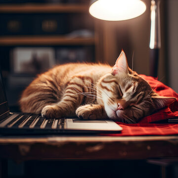 A cat sleeping on a desk, with its paws on a laptop. A cup of coffee is to the left of the laptop. 