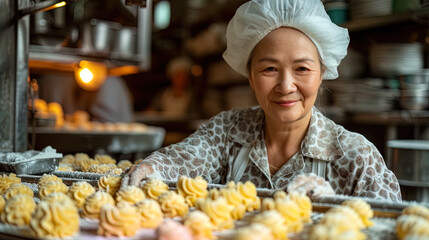 A woman works on a line for the production of various sweet pastr