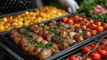 Catering in the restaurant provides a buffet with grilled meat for a buffet at festive even