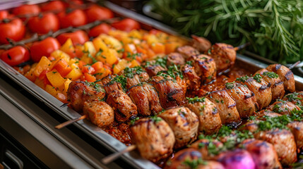 Catering in the restaurant provides a buffet with grilled meat for a buffet at festive event - obrazy, fototapety, plakaty