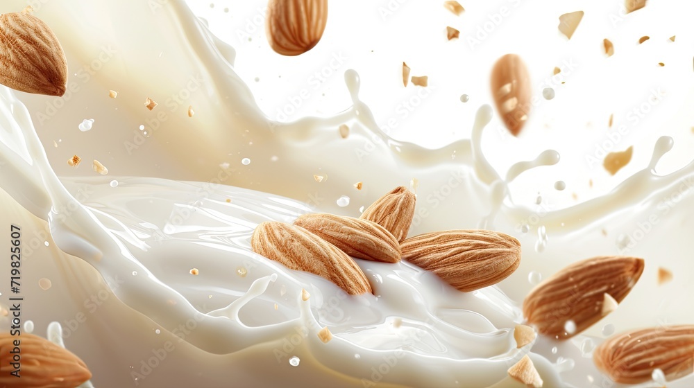 Wall mural milk splash with almonds isolated on a white background. - Wall murals