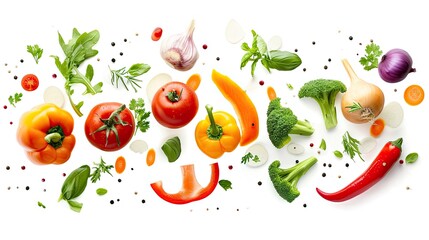 Vegetables flying isolated on a white background.