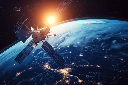 In space, satellites with solar panels are being used to support earth global internet telecommunications network AI Generation